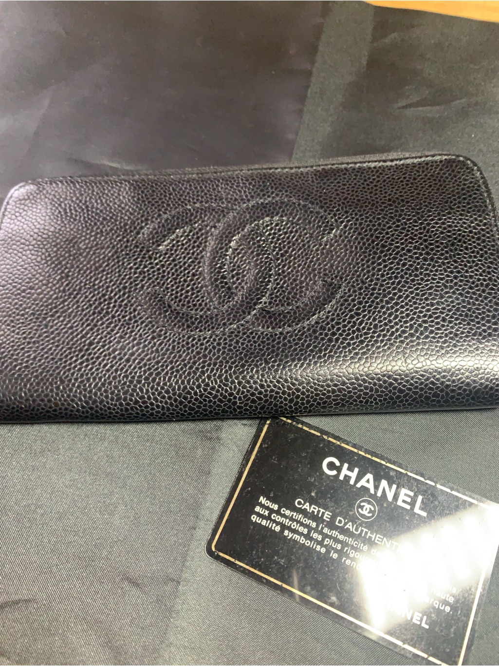 Chanel Black Pebbled Leather Zip Wallet With Gold Pull